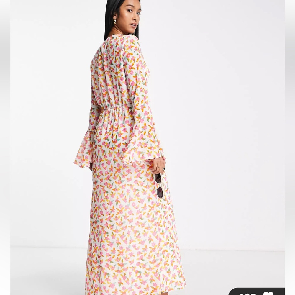 Vila maxi dress with fluted sleeves in floral print pink white 38  US6 - Picture 3 of 9
